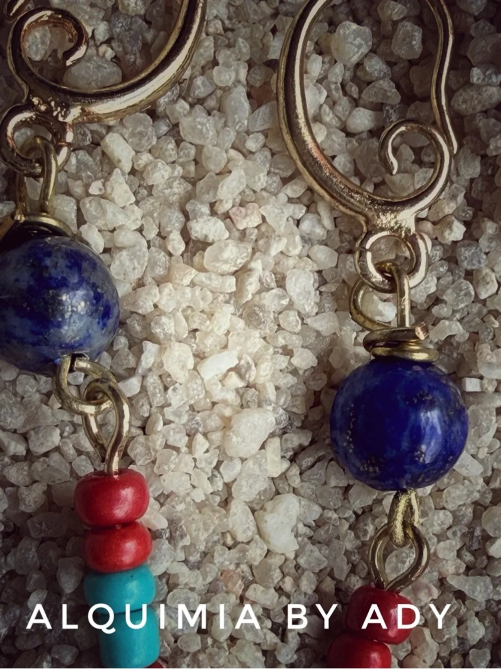 SHOULDER DUSTER +Gold Dangle Earrings with Blue, Red and Turquoise Beads